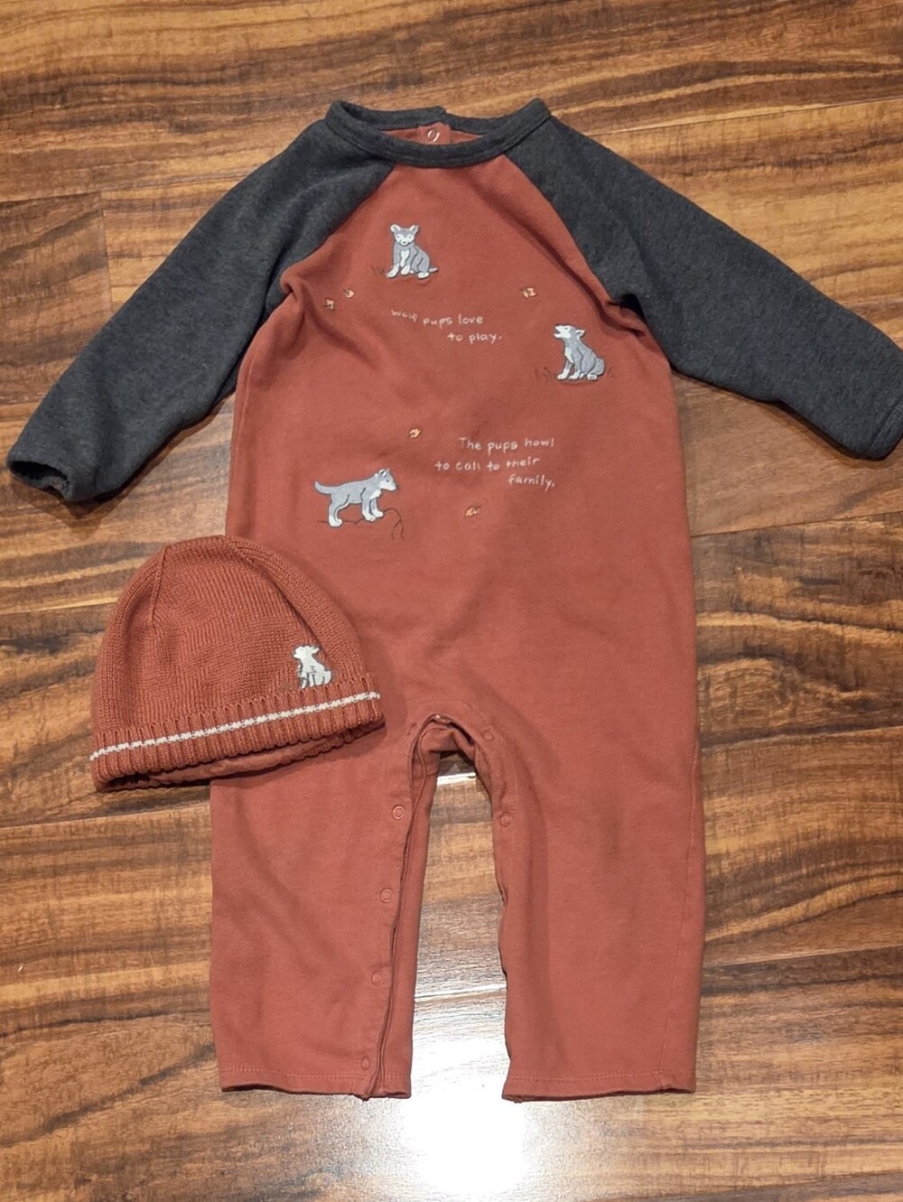 Janie and Jack EUC 12-18 Months Orange/Gray Fox One-Piece Romper and Sweatet Hat
